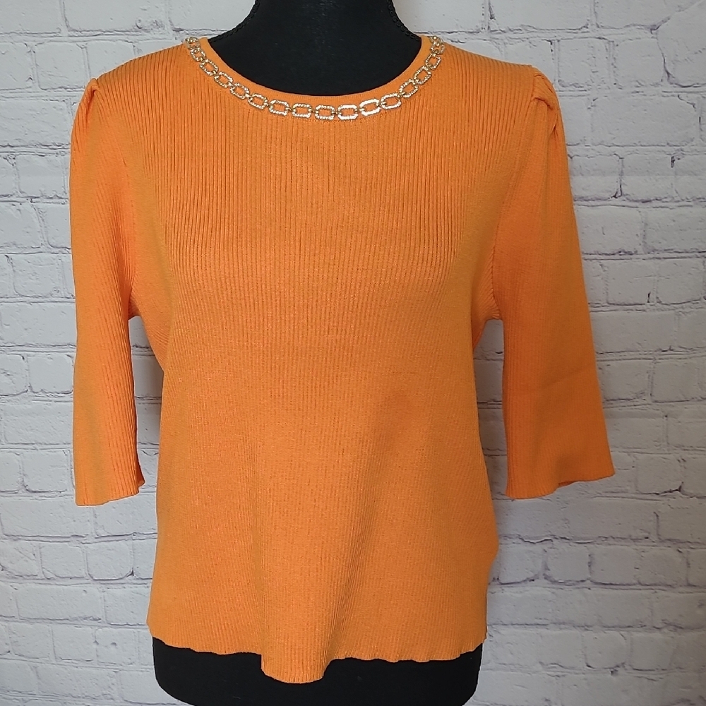 Nanette Lepore Size XL Orange Rhinestone Accented Neckline Sweater
